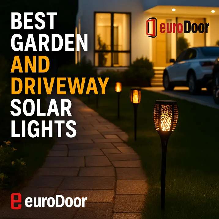 solar lights on a driveway on a rainy day